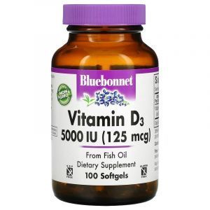 Витамин D3, Vitamin D3, Bluebonnet Nutrition, 125 мкг (5000 МЕ), 100 гелевых капсул
