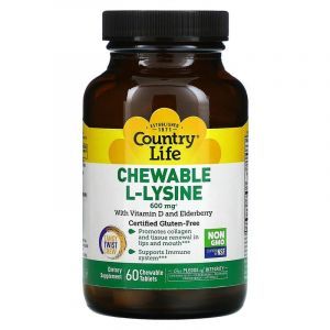 L-лизин с витамином D и бузиной,  L-Lysine, Country Life, 300 мг, 60 жевательных таблеток
