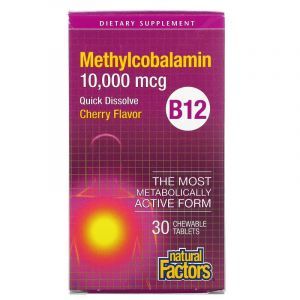 Витамин B12 метилкобаламин, B12 Methylcobalamin, Natural Factors, 10 000 мкг, вкус вишни, 30 жевательных таблеток
