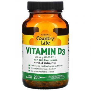 Витамин Д3, (Vitamin D-3 1000 IU), Country Life, 1000 МЕ 200 капсул 