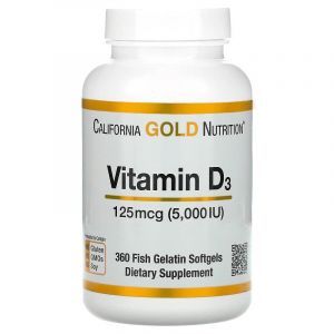 Вітамін Д3, Vitamin D3, California Gold Nutrition, 125 мкг (5,000 МО), 360 желатинових капсул з риб'ячим жиром