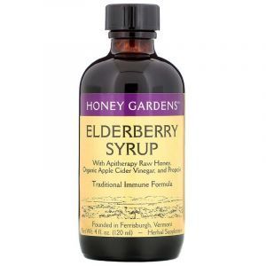 Сироп для иммунитета, Elderberry Syrup, Honey Gardens, из бузины с апитерапевтическим сырым медом, органическим яблочным уксусом и прополисом, 120 мл
