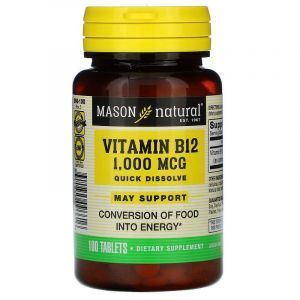 Витамин В12, Vitamin B-12, Mason Natural, быстрорастворяющийся, 1000 мкг, 100 таблеток
