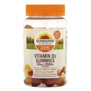 Витамин Д3, Vitamin D3, Sundown Naturals, 2000 МЕ, клубника, апельсин, лимон, 90 жевательных конфет