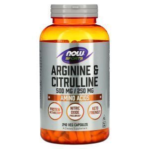Аргинин и цитруллин, Arginine & Citrulline, Now Foods, Sports, 500 мг/250 мг, 240 вегетарианских капсул
