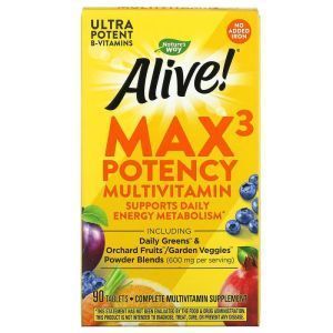 Мультивитамины, 3 в день, Alive! Multi-Vitamin, Nature's Way, без железа, 90 таблеток