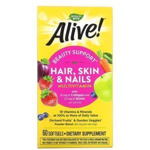 Мультивитамины для волос, кожи и ногтей, Hair, Skin & Nails Multi-Vitamin, Nature's Way, Alive! 60 капсул
