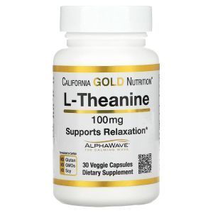L-теанин, L-Theanine, Featuring AlphaWave, California Gold Nutrition, расслабляющее действие, 100 мг, 30 вегетарианских капсул