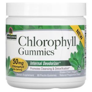 Хлорофилл, Chlorophyll Gummies, Nature's Answer, натуральная мята, 25 мг, 60 жевательных конфет с пектином
