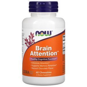 Когнитивная поддержка, Brain Attention, Now Foods, шоколадный вкус, 60 жевательных таблеток 
