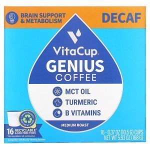 Кофе без кофеина в капсулах с маслом MCT, куркумой, корицей и витаминами, Decaf Genius Coffee Pods, VitaCup, средней обжарки, 16 шт. по 10,5 г