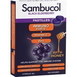 Черная бузина + Витамин С + Цинк, Black Elderberry, Immuno Forte, Sambucol, с медом, 20 леденцов
