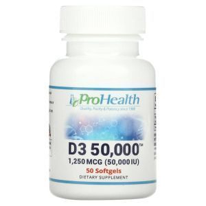 Витамин D3, Vitamin D3 50 000, ProHealth Longevity, 1250 мкг (50 000 МЕ), 50 гелевых капсул
