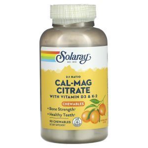 Кальций Магний, цитрат, Cal-Mag Citrate, Solaray, с витаминами D3 и K2, вкус апельсина, 90 жевательных таблеток