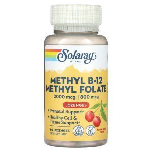 Витамин В-12 и фолиевая кислота, Methyl B-12 Methyl Folate, Solaray, вкус вишни, 60 леденцов