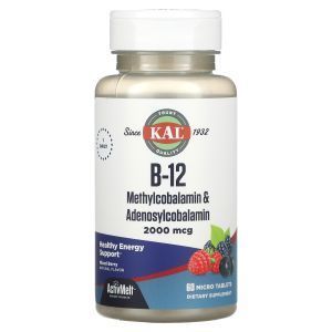 Витамин B-12 в форме аденозил метилкобаламина, B-12 Methylcobalamin Adenosyl, KAL, ягоды, 2000 мкг, 60 таблеток
