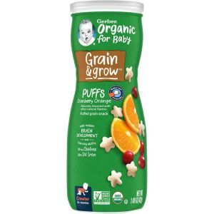 Зерновые пуфы для детей с 8 месяцев, Grain & Grow, Puffs, Gerber, с клюквой и апельсином, 42 г
