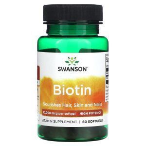 Биотин, Biotin, Swanson, 10 000 мкг, 60 гелевых капсул
