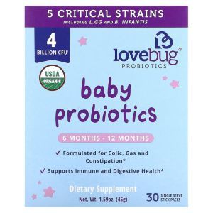 Пробиотики для детей, Baby Probiotics, LoveBug Probiotics, от 6 до 12 месяцев, 4 млрд КОЕ, 30 стиков 
