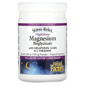 Формула для сна, Stress-Relax Nighttime, Natural Factors, бисглицинат магния с мелатонином, ГАМК и L-теанином, тропические фрукты, 120 г