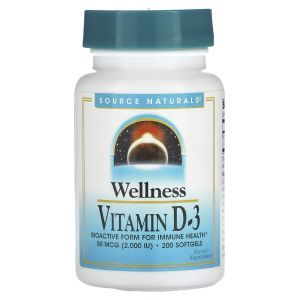 Витамин D-3, Wellness Vitamin D-3, Source Naturals, 50 мкг (2000 МЕ), 200 гелевых капсул