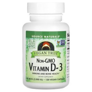 Витамин D-3, Vitamin D-3, Source Naturals, без ГМО, 50 мкг (2000 МЕ), 120 веганских капсул
