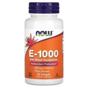 Витамин Е со смешанными токоферолами, E-1000, NOW Foods, 670 мг (1000 МЕ), 50 гелевых капсул 

