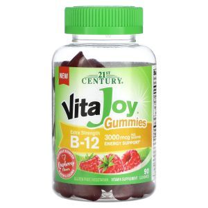 Витамин В12, VitaJoy Gummies, B-12, 21st Century, экстра сила, вкус малины, 1500 мкг, 90 жевательных конфет