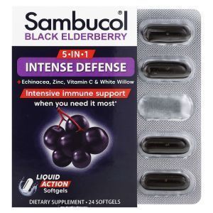 Интенсивная иммунная поддержка 5 в 1, 5-In-1 Intense Defense, Sambucol, эхинацея, цинк, витамин С и белая ива, черная бузина, 24 гелевые капсулы
