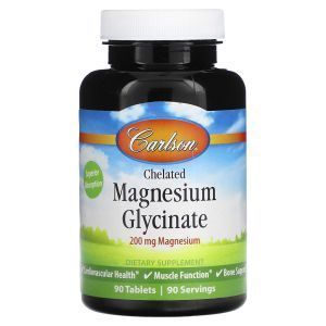 Магний глицинат хелат, Chelated Magnesium Glycinate, Carlson, 200 мг, 90 таблеток
