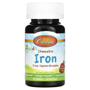 Железо для детей, Kid's Chewable Iron, Carlson, вкус клубники, 15 мг, 30 жевательных таблеток
