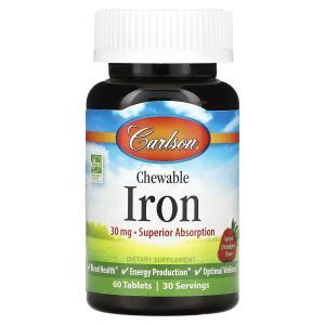 Железо, Chewable Iron, Carlson, вкус клубники, 30 мг, 60 жевательных таблеток
