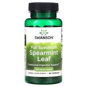 Мята, Spearmint Leaf, Swanson, лист, полный спектр, 400 мг, 60 капсул
