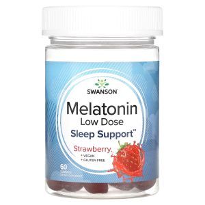 Мелатонин, Melatonin, Swanson, низкая доза, клубника, 60 жевательных конфет
