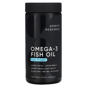 Омега-3, рыбий жир, Omega-3 Fish Oil, Sports Research, тройная сила, 180 гелевых капсул