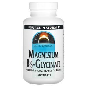 Магний и кальций, Magnesium Bis-Glycinate, Source Naturals, 120 таблеток
