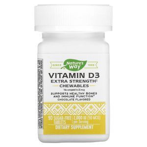 Витамин D3, Vitamin D3, Nature's Way, экстра сила, вкус шоколада, 50 мкг (2000 МЕ), 90 таблеток без сахара
