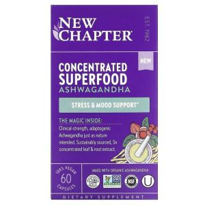 Ашваганда, Concentrated Superfood Ashwagandha, New Chapter, концентрированный суперпродукт, 60 веганских капсул