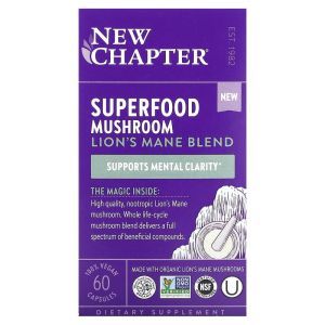 Ежовик гребенчатый, Lion's Mane Blend, New Chapter, Superfood Mushroom, смесь, 60 веганских капсул
