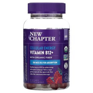 Витамин B12+, Cellular Energy Vitamin B12+, New Chapter, клеточная энергия, вкус малины, 350 мкг, 60 ароматизированных жевательных конфет
