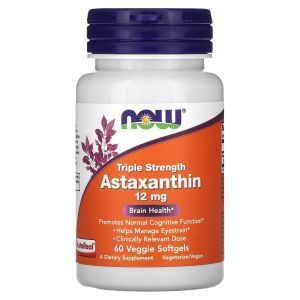 Астаксантин, Astaxanthin, NOW Foods, тройная сила, 12 мг, 60 растительных гелевых капсул
