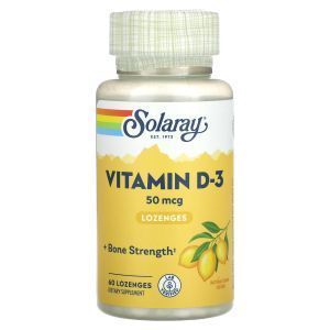 Витамин D-3, Vitamin D-3, Solaray, 50 мкг, вкус лимона, 60 леденцов