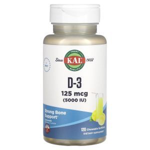 Витамин Д-3, D-3, KAL, 125 мкг (5000 МЕ), 120 жевательных гелевых капсул
