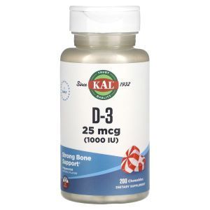 Витамин Д-3, D-3, KAL, мята перечная, 25 мкг (1000 МЕ), 120 жевательных конфет
