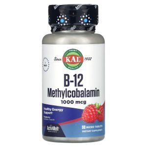 Витамин В-12, метилкобаламин, B-12 Methylcobalamin, KAL, малина, 1000 мкг, 90 микротаблеток
