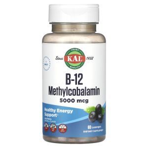 Витамин В-12, метилкобаламин, B-12 Methylcobalamin, KAL, ягоды асаи, 5000 мкг, 60 леденцов
