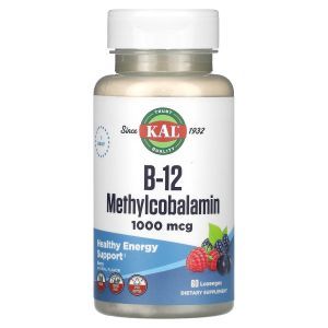 Витамин В-12, метилкобаламин, B-12 Methylcobalamin, KAL, ягоды, 1000 мкг, 60 леденцов

