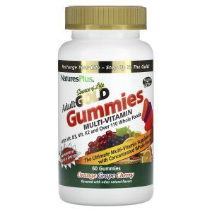 Мультивитамины и минералы для взрослых, Adult Gold Gummies Multi-Vitamin, NaturesPlus, Source of Life, вкус апельсина, винограда и вишни, 90 жевательных конфет
