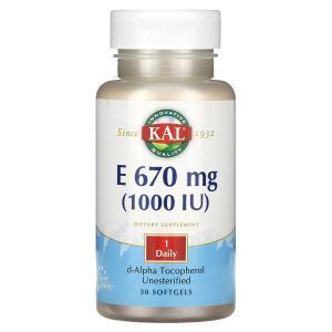 Витамин Е, E, KAL, 670 мг (1000 МЕ), 30 гелевых капсул

