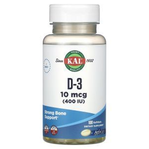 Витамин Д-3, D-3, KAL, 10 мкг (400 МЕ), 100 гелевых капсул